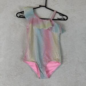 Girls Sparkle Rainbow One Shoulder Ruffle One Piece Swimsuit Bathing Suit